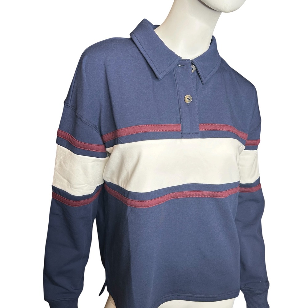 We Wander Rugby Long Sleeve Boxy Polo Top Size M Blue NWT